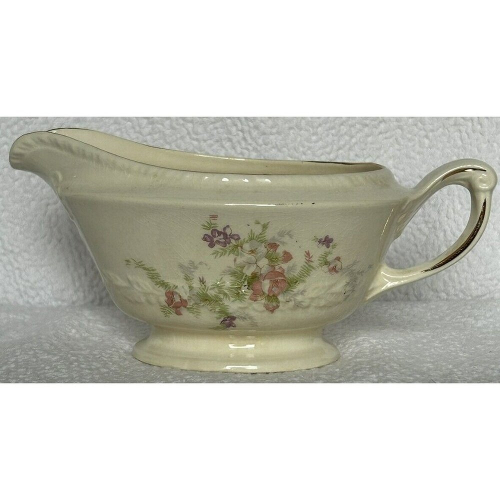 Crown Potteries Gravy Boat Vintage 1942 Pink & Lilac Flowers Pattern CRP9107 GUC